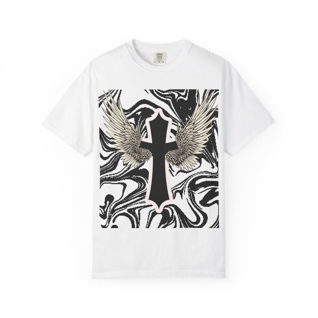 Winged Cross Graphic T-Shirt — Marble Black & White Spiritual Tee
