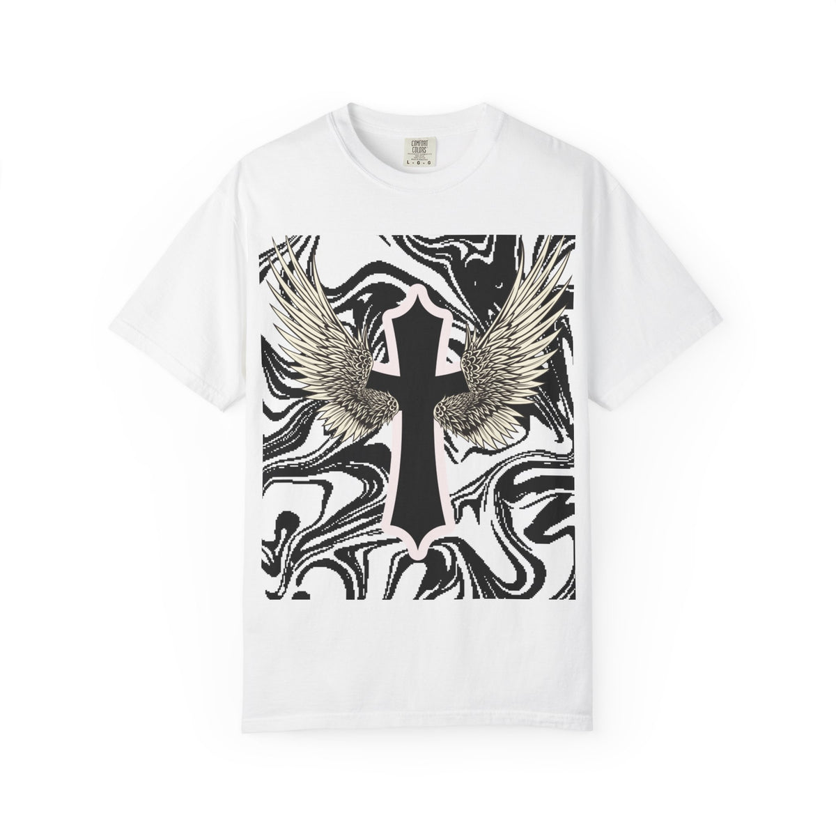 Winged Cross Graphic T-Shirt — Marble Black & White Spiritual Tee