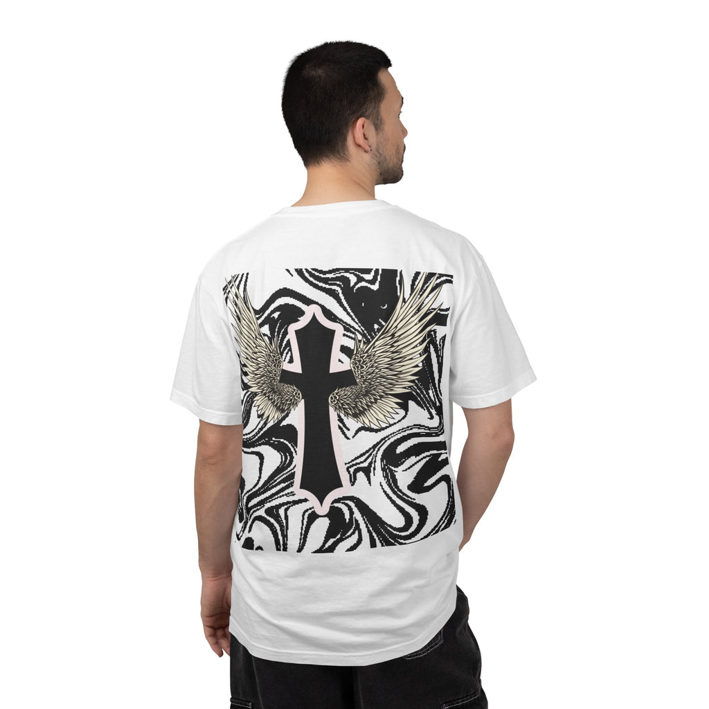 Winged Cross Graphic T-Shirt — Marble Black & White Spiritual Tee
