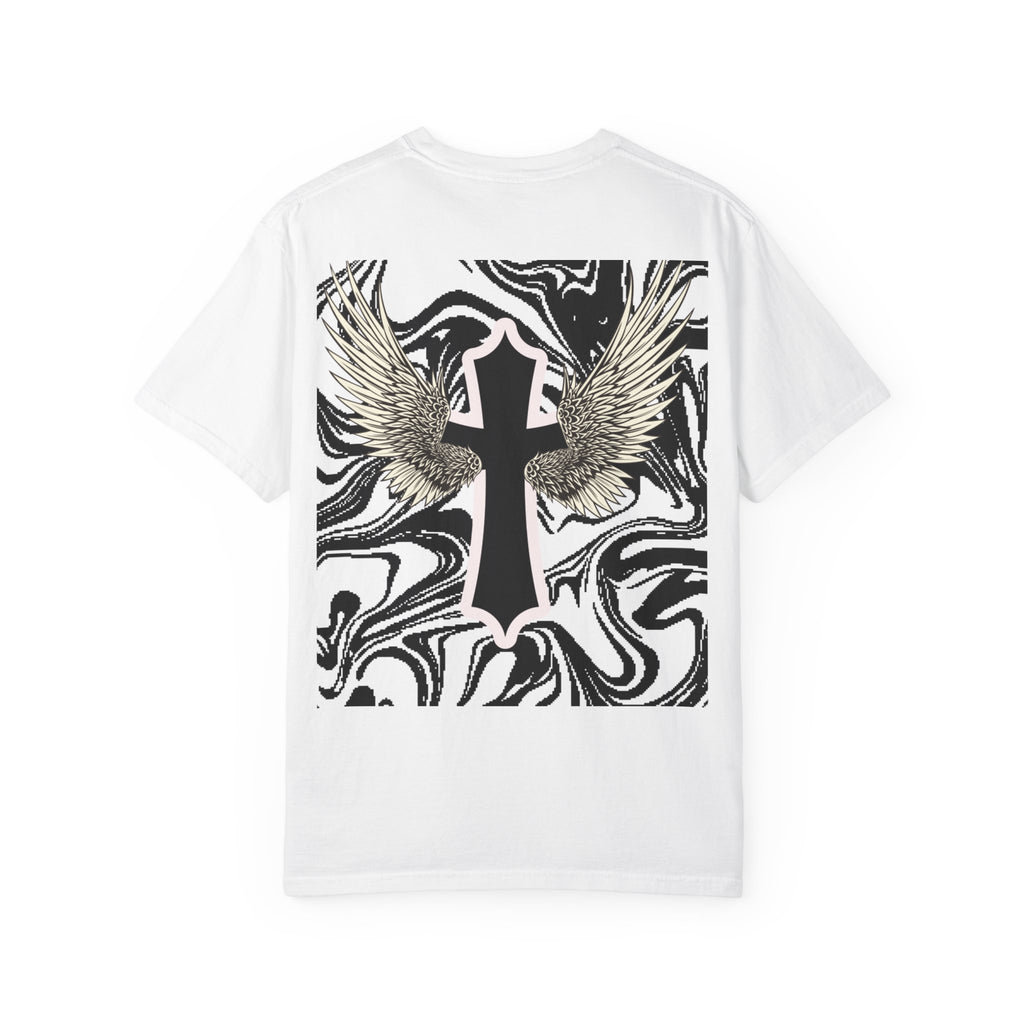 Winged Cross Graphic T-Shirt — Marble Black & White Spiritual Tee
