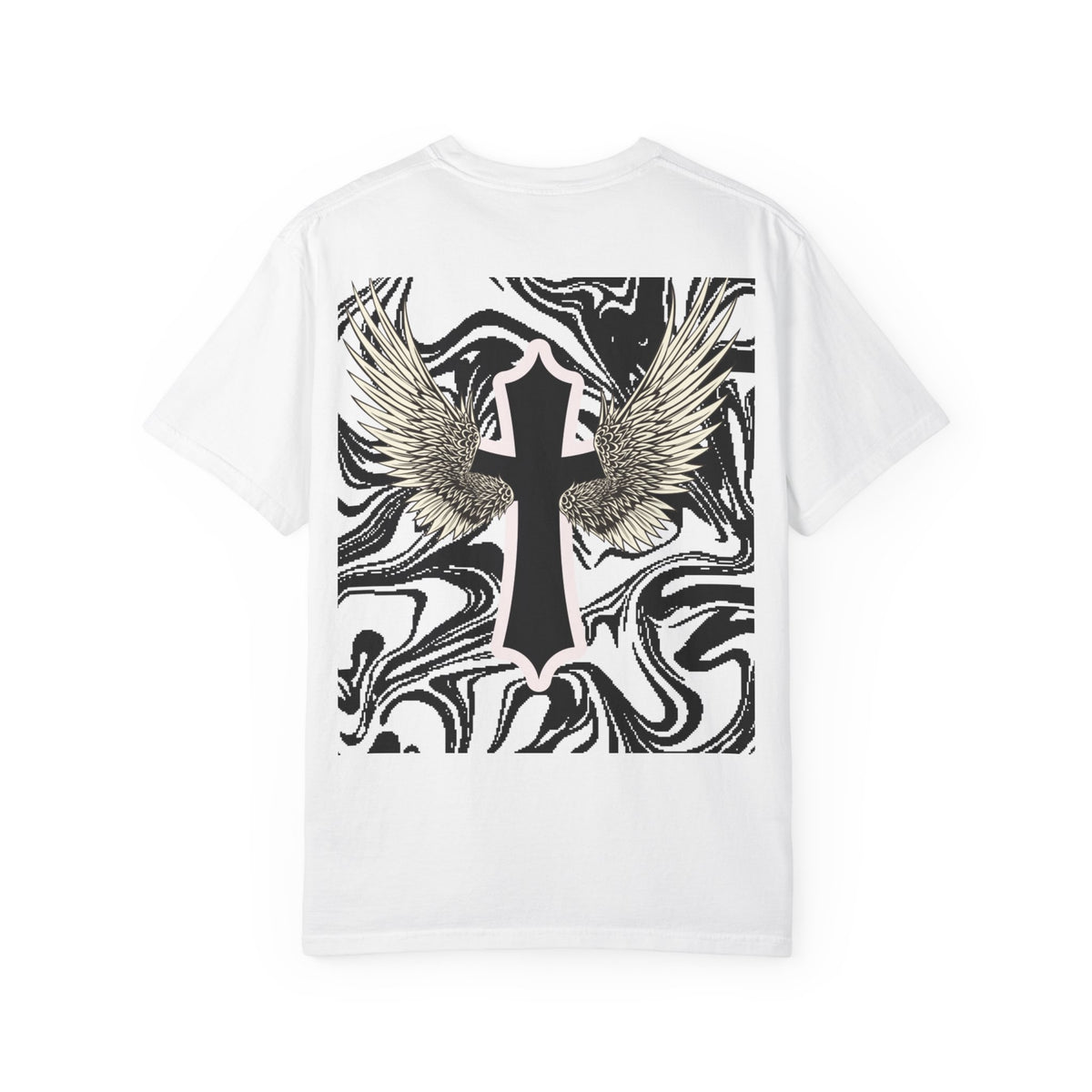 Winged Cross Graphic T-Shirt — Marble Black & White Spiritual Tee