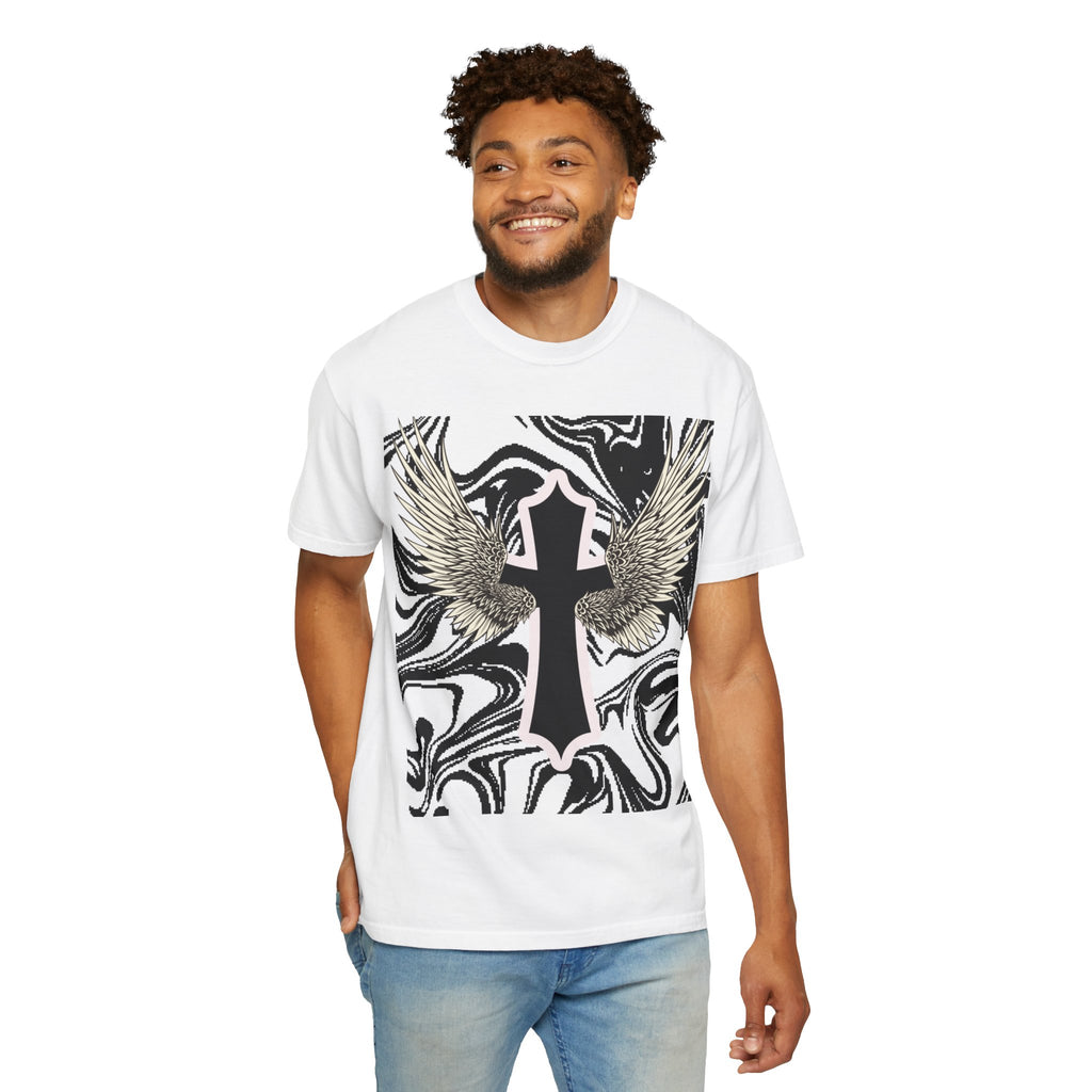 Winged Cross Graphic T-Shirt — Marble Black & White Spiritual Tee