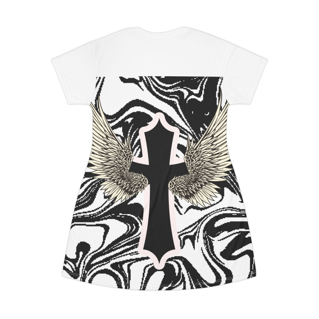 Angel Wing Cross T-Shirt Dress — Marble Black & White All-Over Print