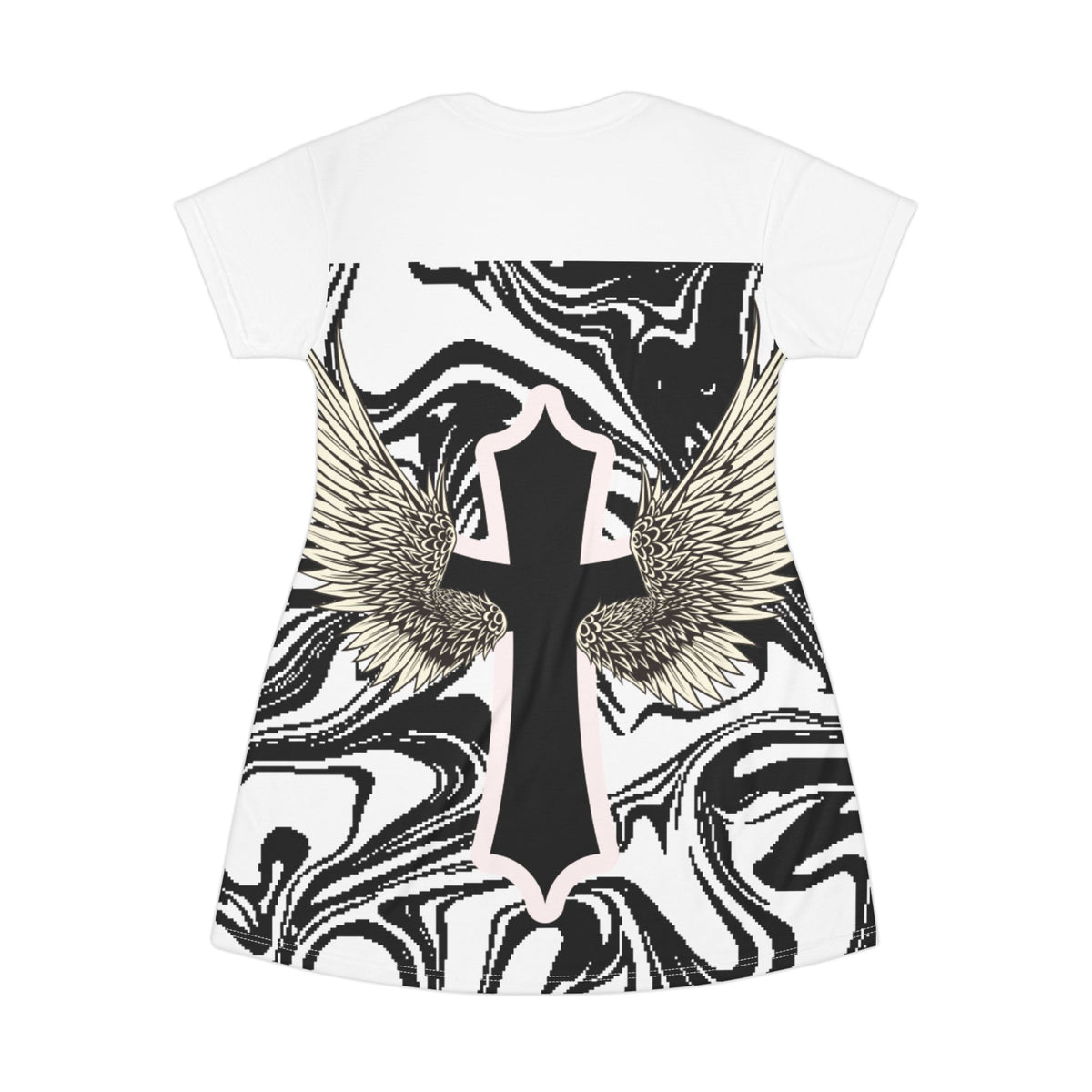 Angel Wing Cross T-Shirt Dress — Marble Black & White All-Over Print