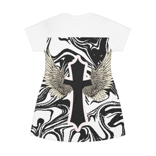 Angel Wing Cross T-Shirt Dress — Marble Black & White All-Over Print