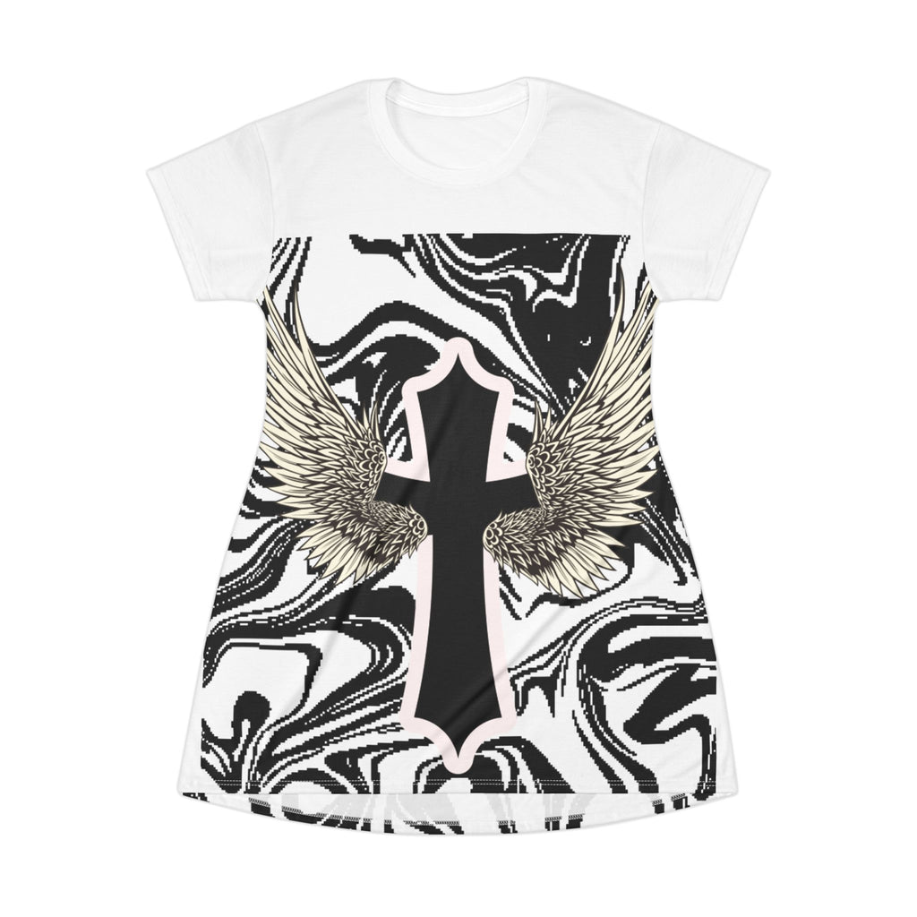 Angel Wing Cross T-Shirt Dress — Marble Black & White All-Over Print