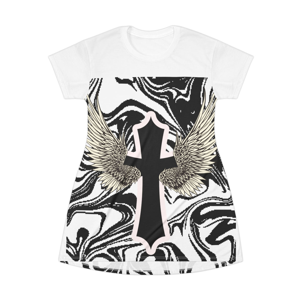Angel Wing Cross T-Shirt Dress — Marble Black & White All-Over Print