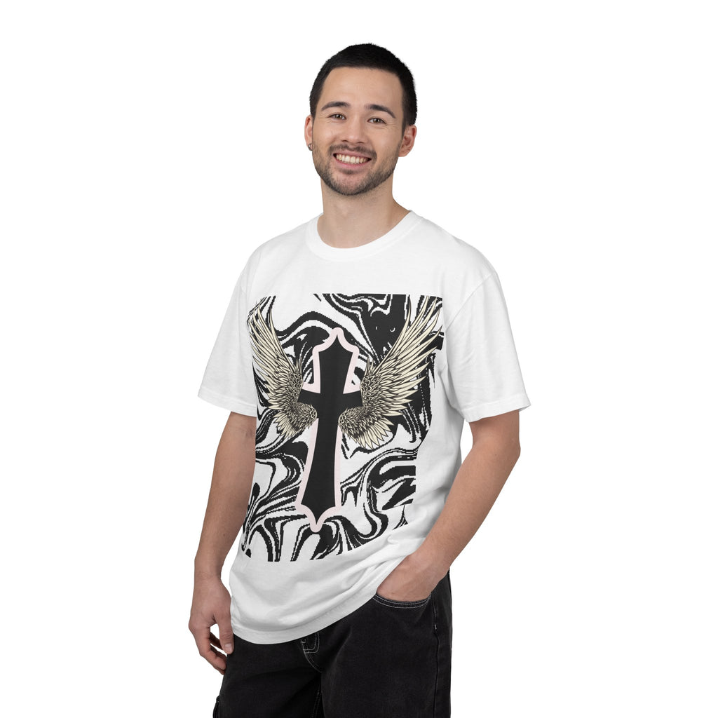 Winged Cross Graphic T-Shirt — Marble Black & White Spiritual Tee