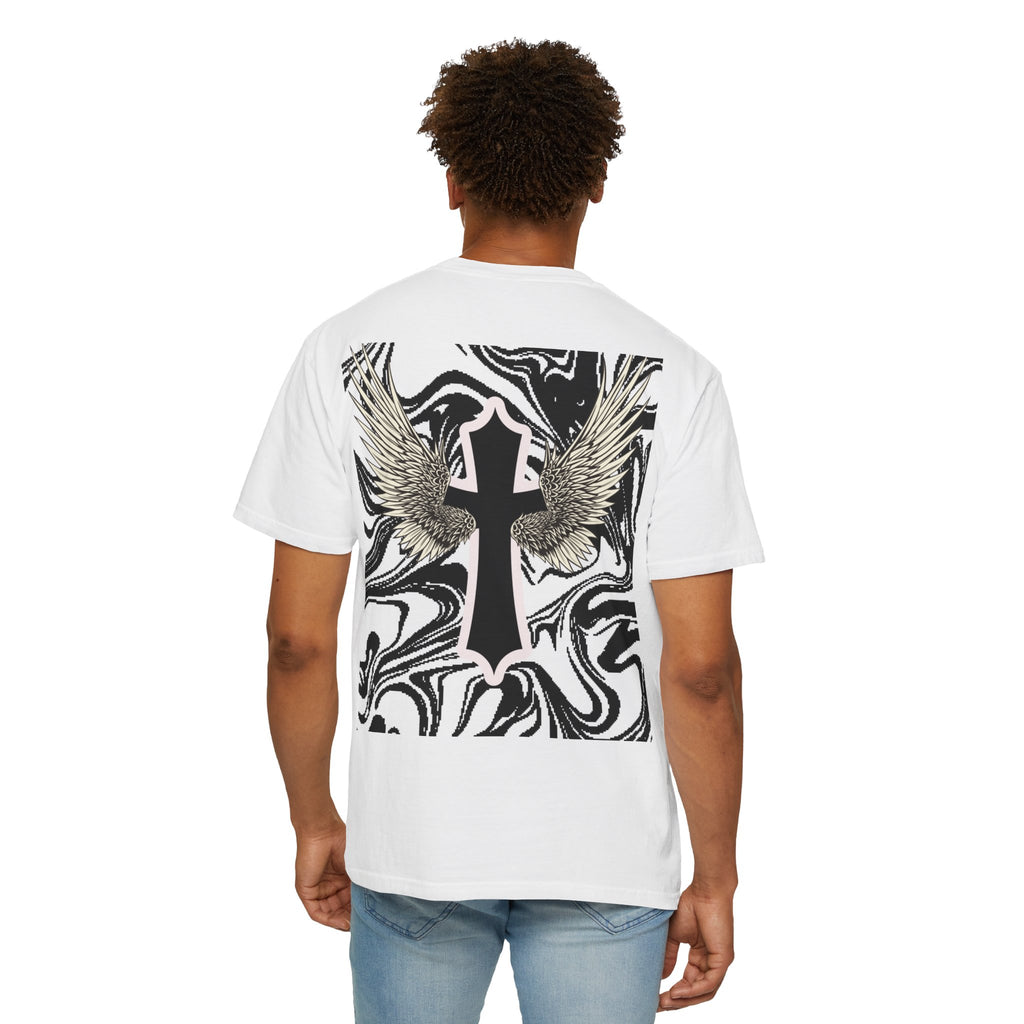 Winged Cross Graphic T-Shirt — Marble Black & White Spiritual Tee