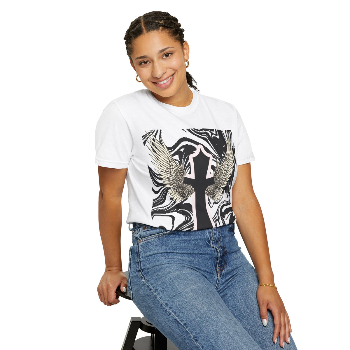 Winged Cross Graphic T-Shirt — Marble Black & White Spiritual Tee