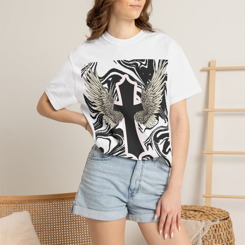 Winged Cross Graphic T-Shirt — Marble Black & White Spiritual Tee