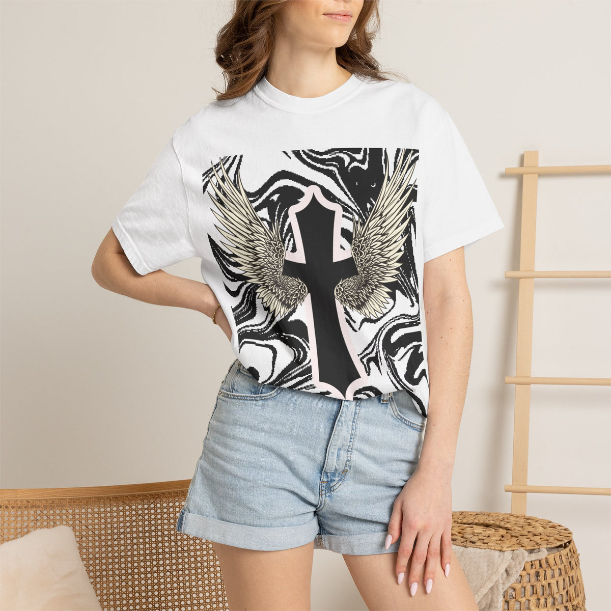 Winged Cross Graphic T-Shirt — Marble Black & White Spiritual Tee
