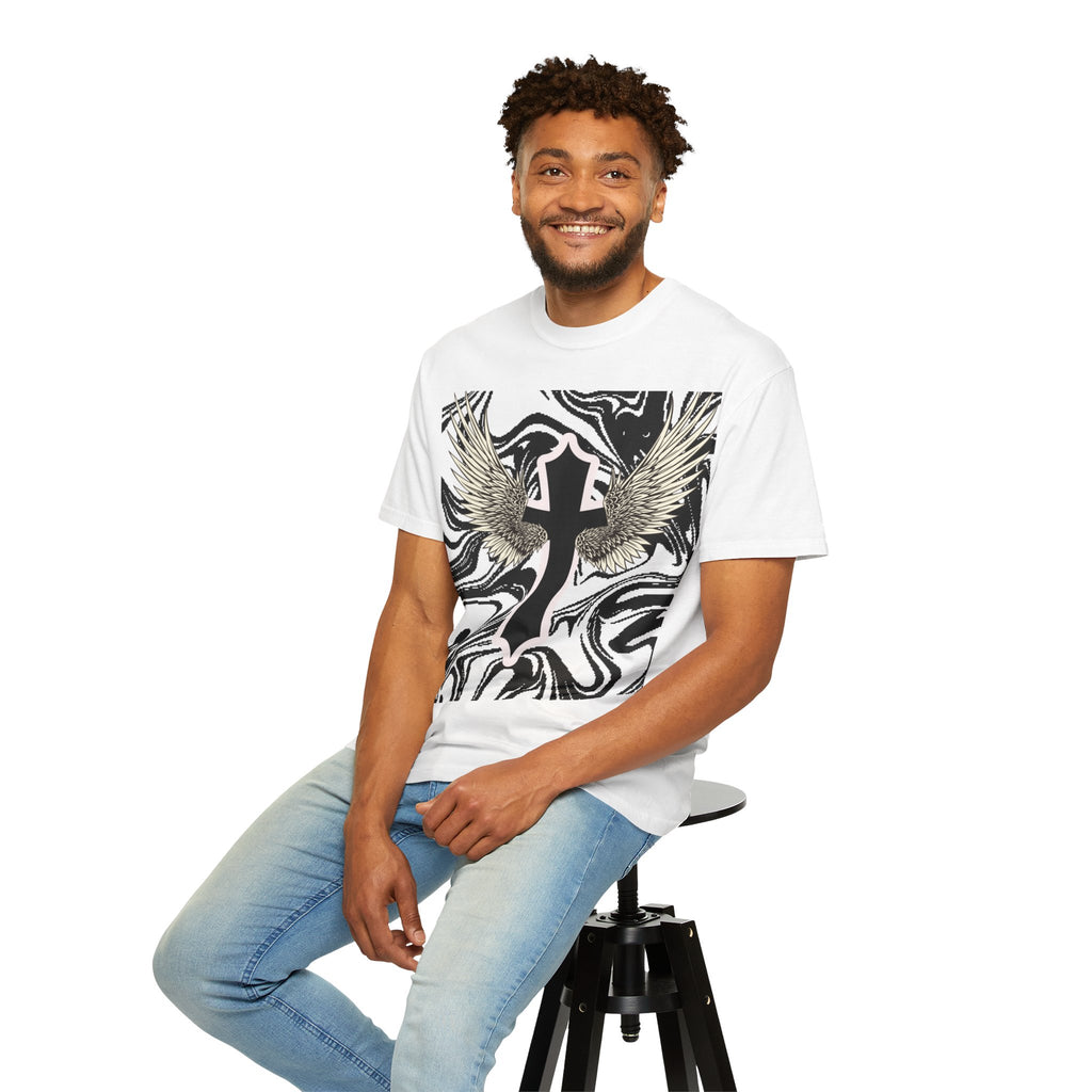 Winged Cross Graphic T-Shirt — Marble Black & White Spiritual Tee