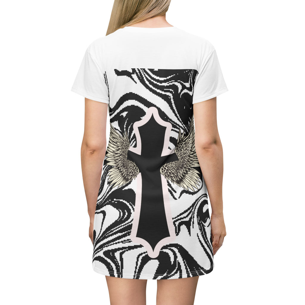 Angel Wing Cross T-Shirt Dress — Marble Black & White All-Over Print