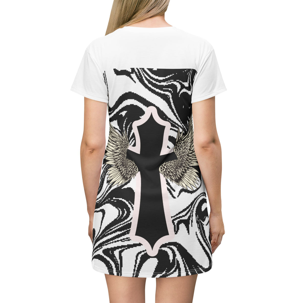 Angel Wing Cross T-Shirt Dress — Marble Black & White All-Over Print