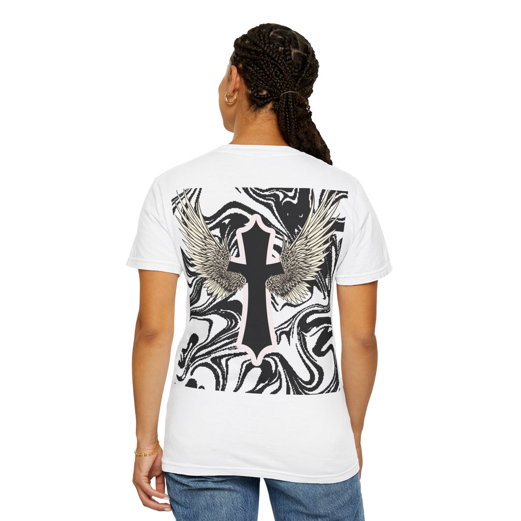 Winged Cross Graphic T-Shirt — Marble Black & White Spiritual Tee